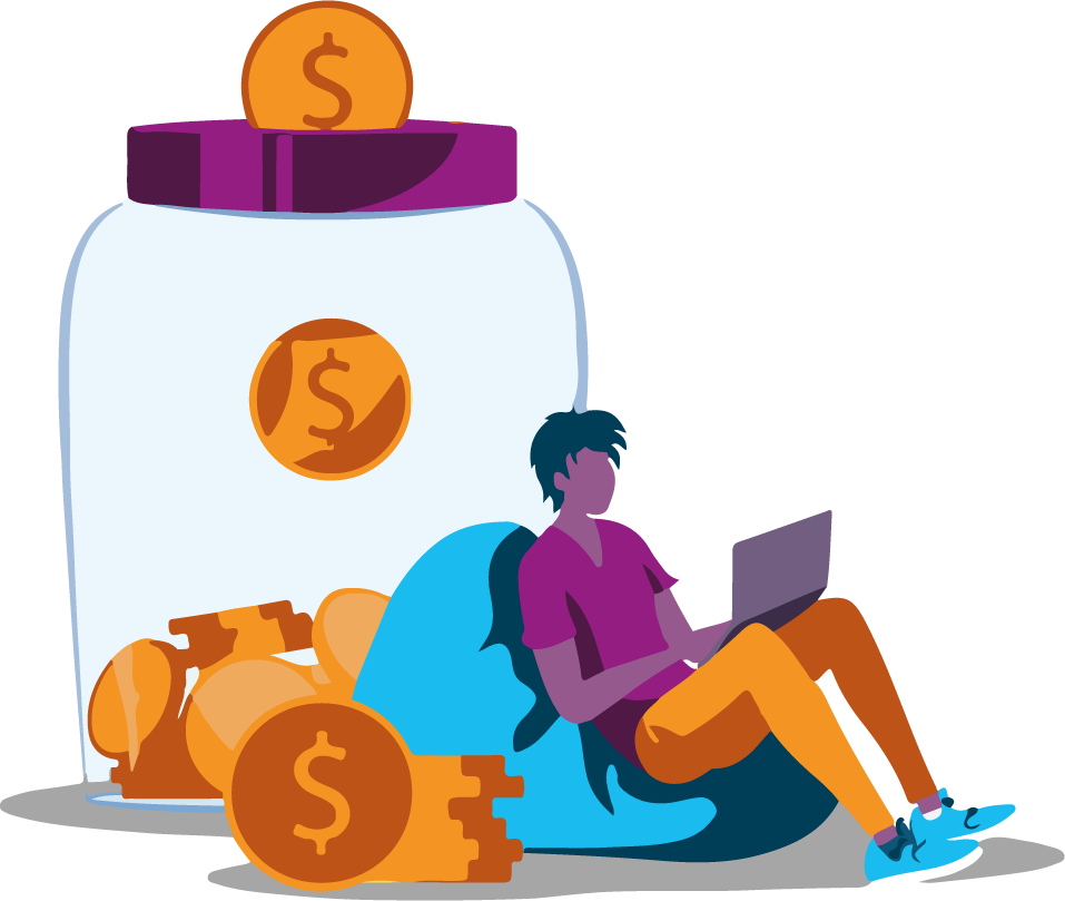 Graphic of a person sat on a bean bag with a laptop, next to a giant money savings jar