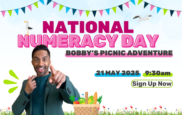 Photo of Bobby Seagull with text saying "National Numeracy Day. Bobby's Picnic Adventure. 21 May 2025. 9:30am. Sign Up Now."