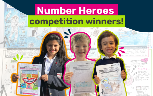 Image saying "Number Heroes competition winners" with drawings and photos from the winning children