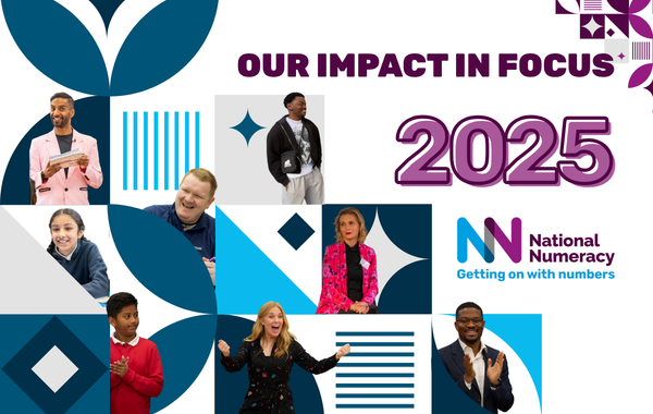 Text reads: our impact in focus 2025, above the National Numeracy logo. There are also pictures of people who have been involved with National Numeracy's work in 2025