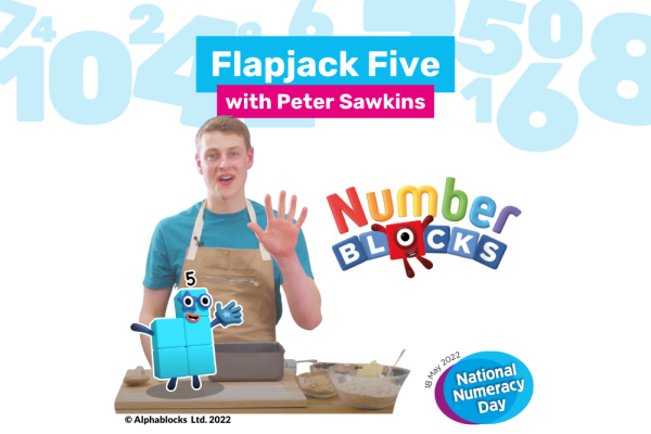 Image showing Peter Sawkins baking flapjacks, with the Numberblocks logo