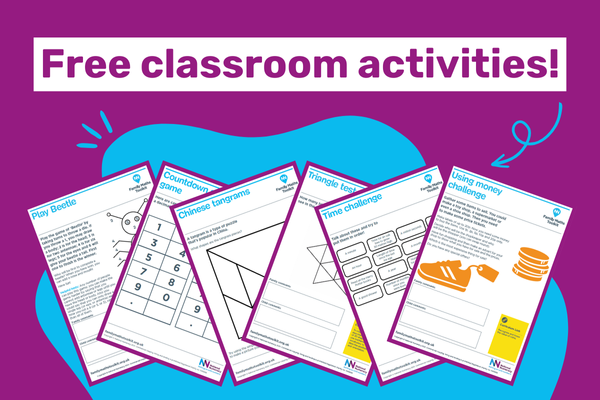 Thumbnails of activities with text saying "Free classroom activities!"