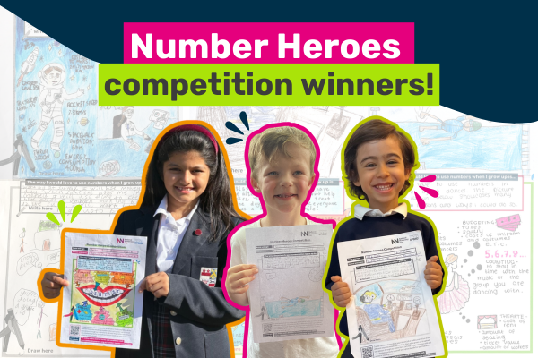 Image saying "Number Heroes competition winners" with drawings and photos from the winning children