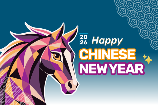 Graphic of a horse with text saying "Happy Chinese New Year"