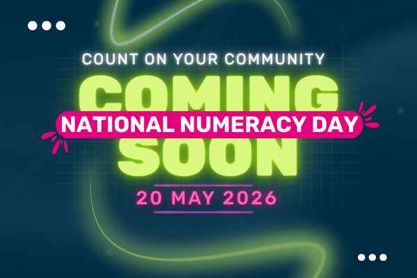 National Numeracy Day coming soon graphic in blue, green and pink