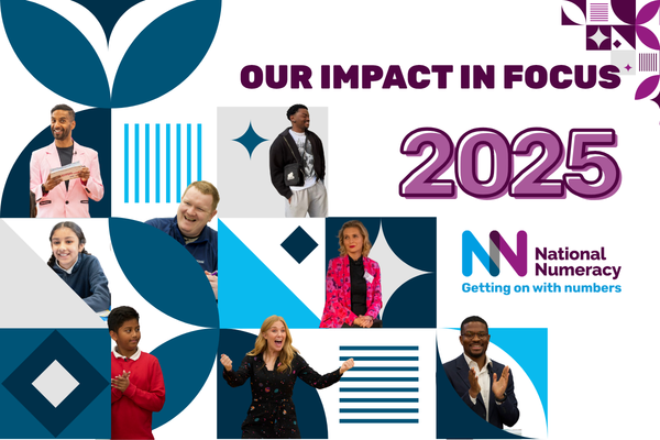 Text reads: our impact in focus 2025, above the National Numeracy logo. There are also pictures of people who have been involved with National Numeracy's work in 2025